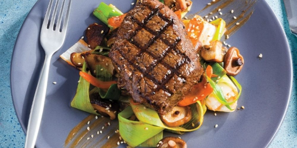 Grilled Steak with Garlic Butter and Roasted Vegetables